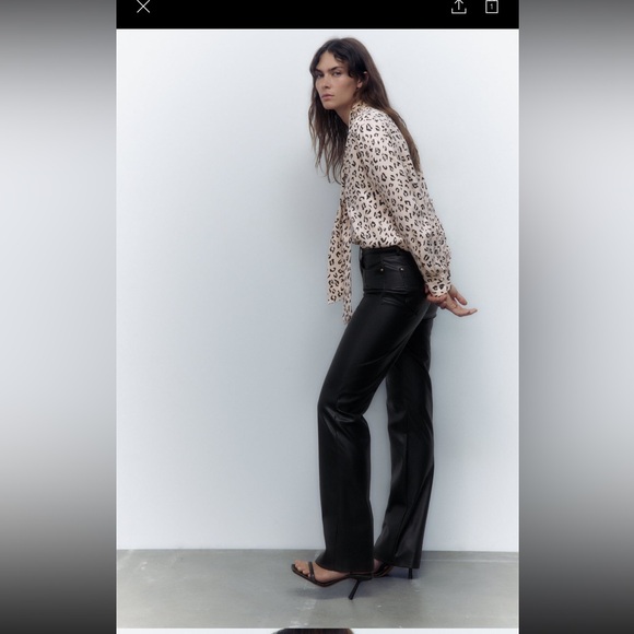 Zara SATIN EFFECT ANIMAL PRINT Tie BLOUSE size medium color black, and champagne - Picture 3 of 5